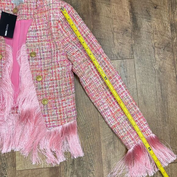 Fashion Nova Pink Tweed Fringe Jacket Boho Festival Barbie Western Preppy sz M - Picture 9 of 10